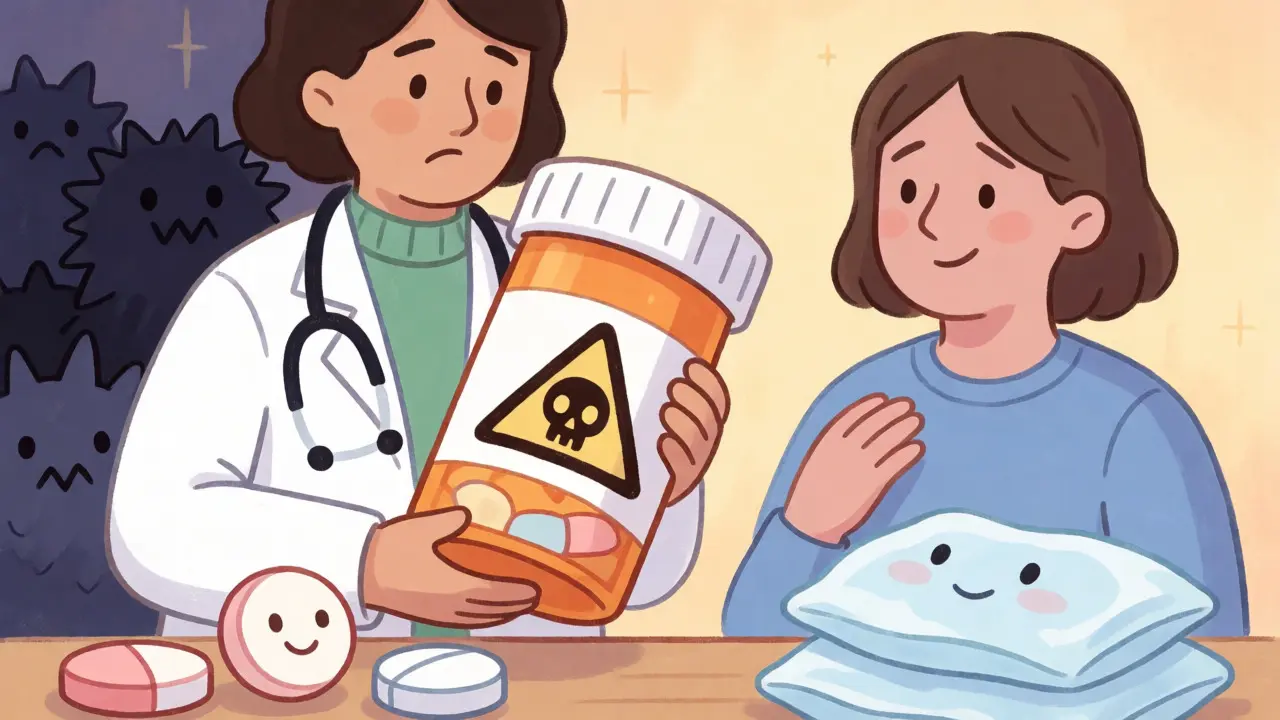 Doctor choosing safe painkillers while avoiding dangerous opioids