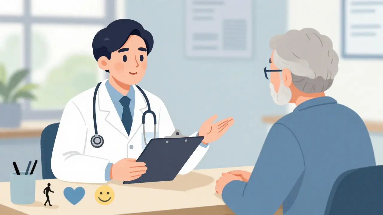 Doctor consulting with senior patient about medication review