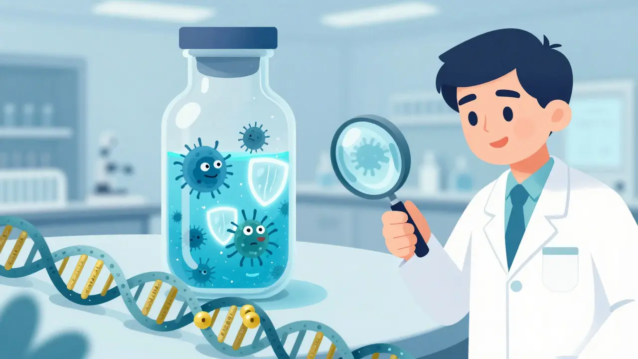 Doctor examining vial with bacteria and genetic helix in storybook style