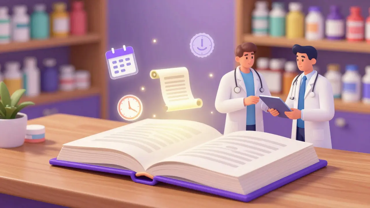 Glowing purple book floating with icons, watched by a doctor and pharmacist.