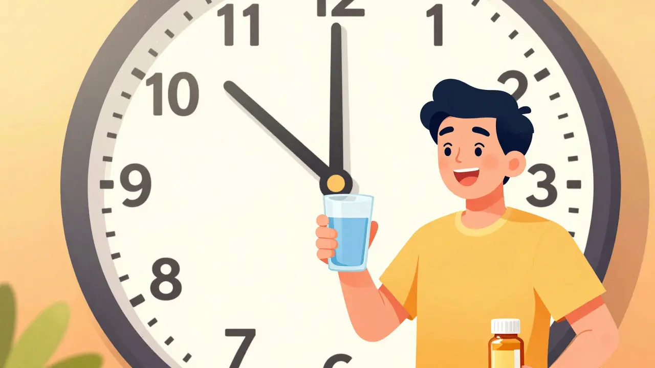 Happy recovered character holding pills next to a fast-moving clock