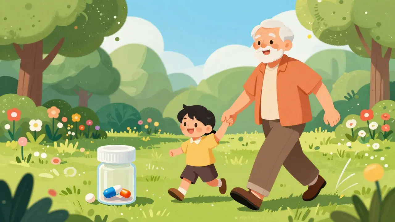 Happy senior walking in park with simplified pill regimen