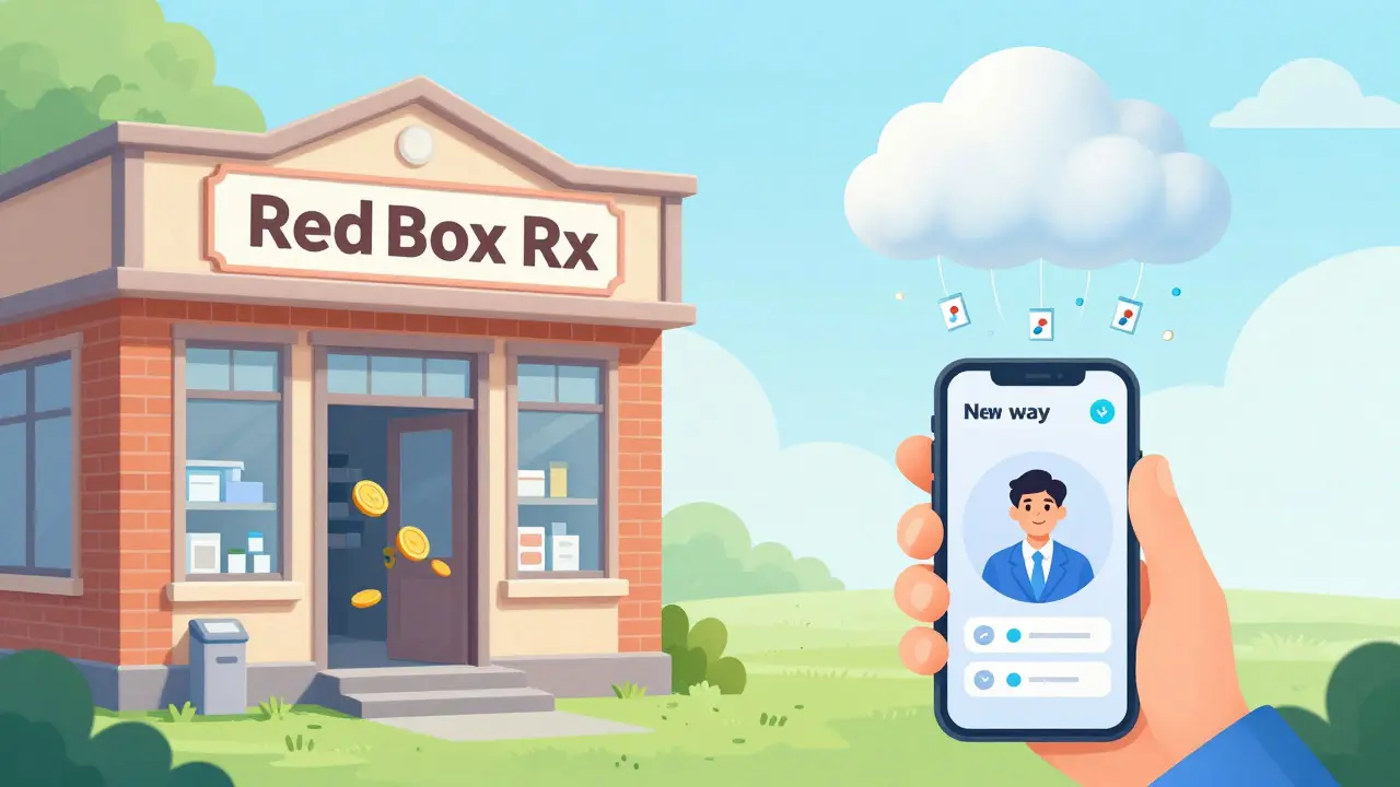 Illustration comparing an expensive physical pharmacy with a convenient online delivery service.