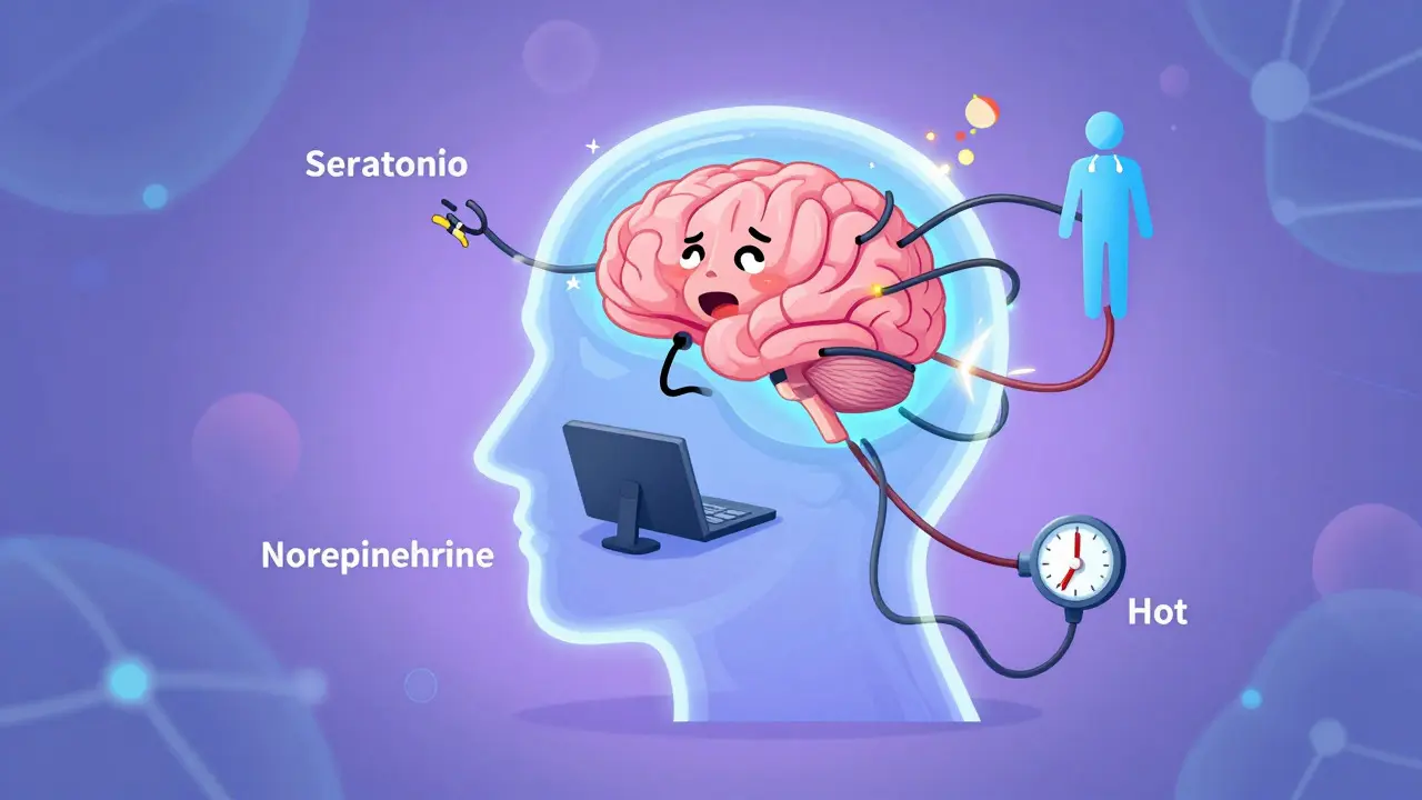 Illustration of brain thermostat causing sweating