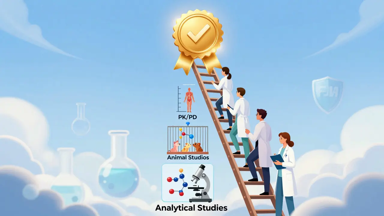 Illustration of scientists climbing a ladder of tests to reach FDA approval seal.