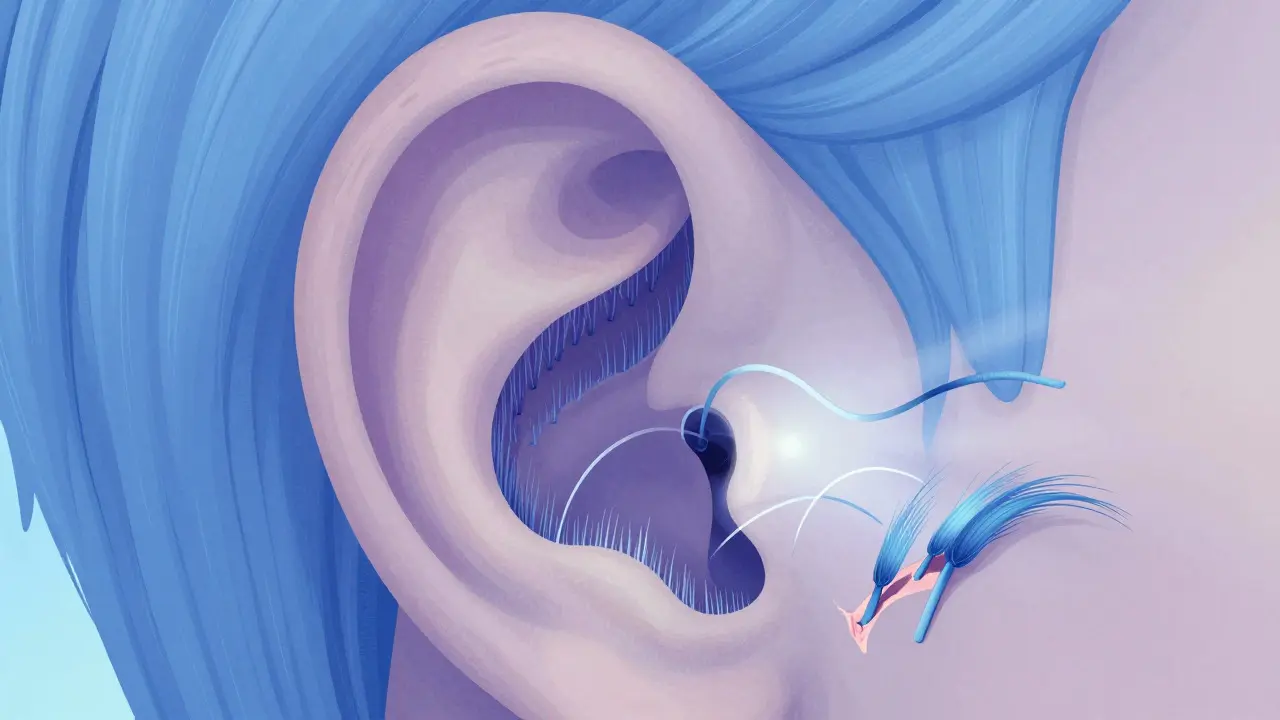 Illustration of the inner ear cochlea showing healthy and damaged microscopic hair cells.