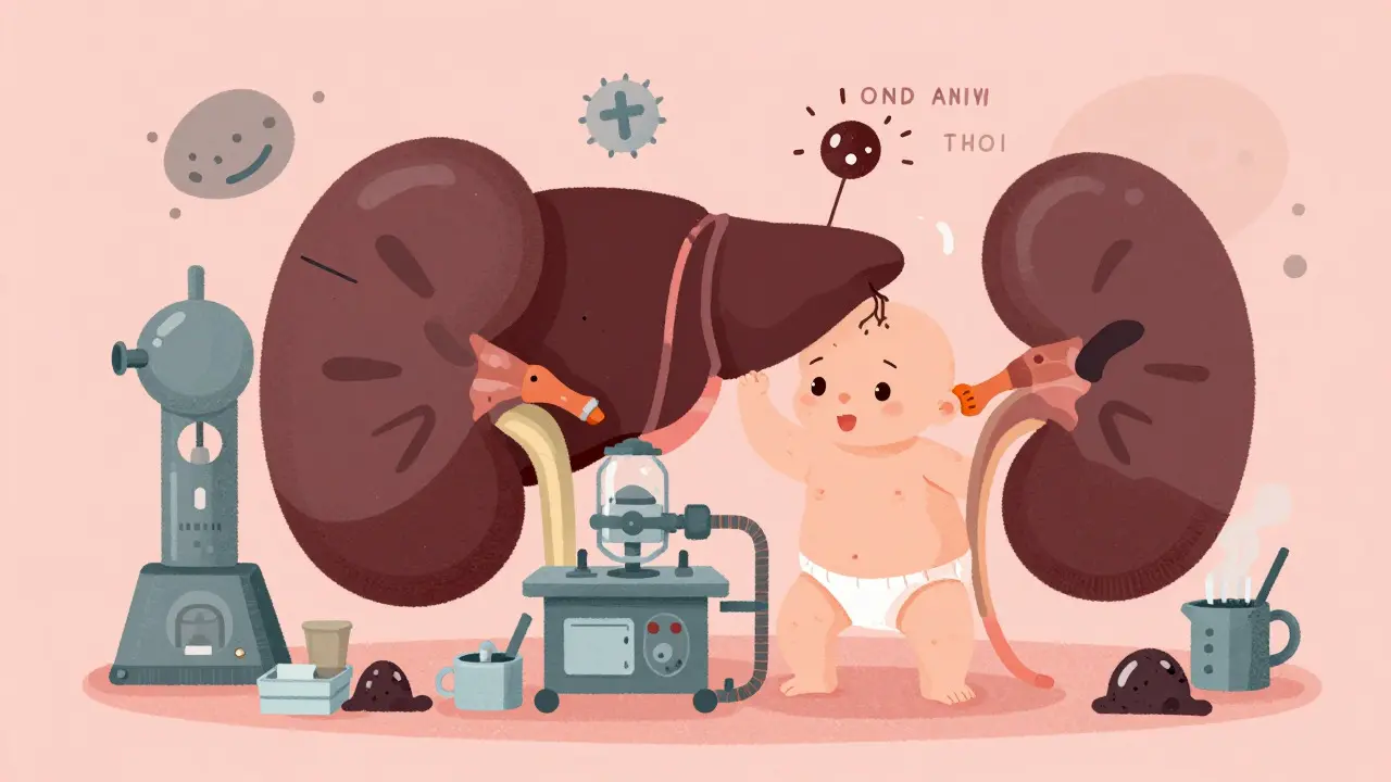 Metaphorical illustration of infant organs struggling with toxic excipients