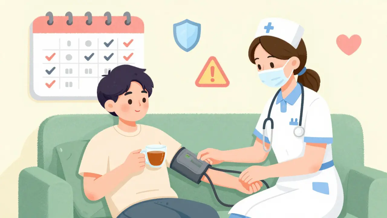 Nurse checking patient vitals with monitoring calendar in background
