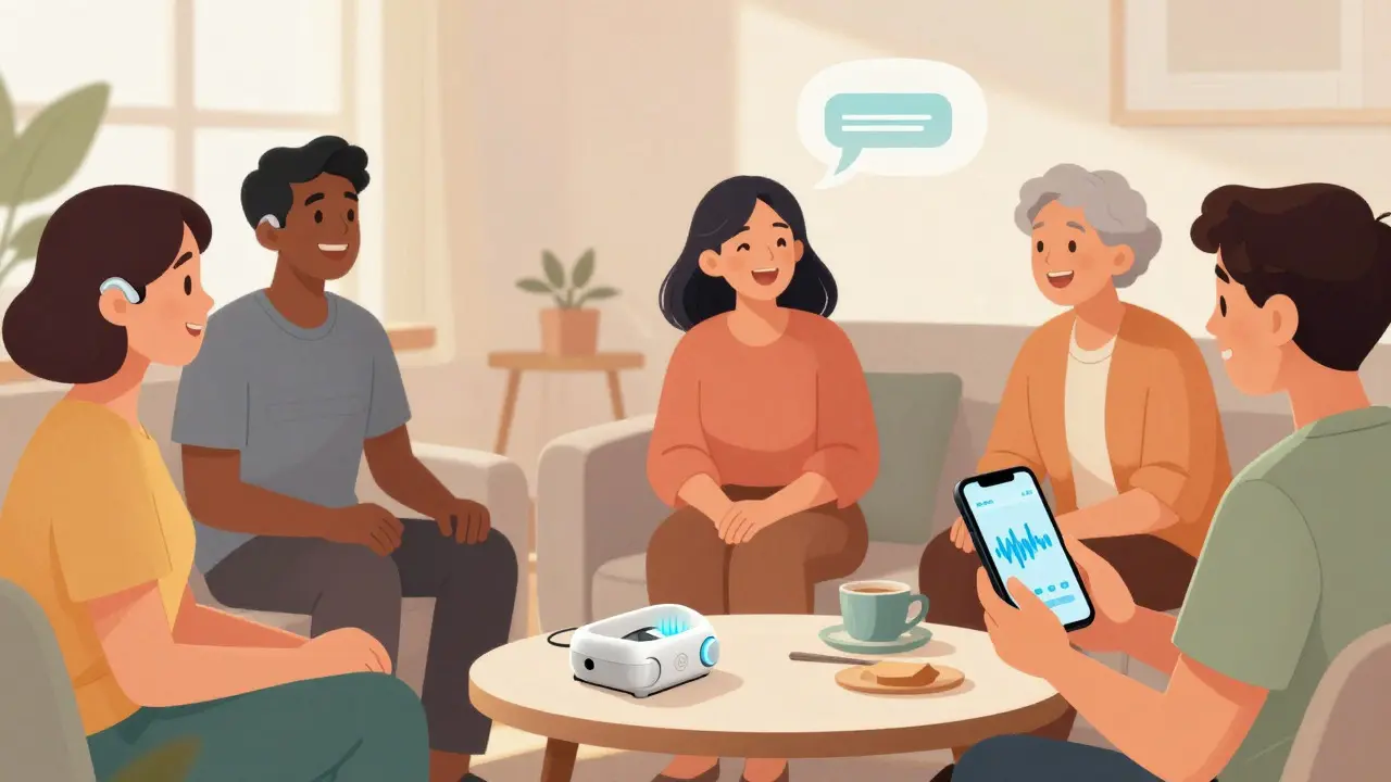 People enjoying clear conversation using modern hearing aids and smartphone apps.