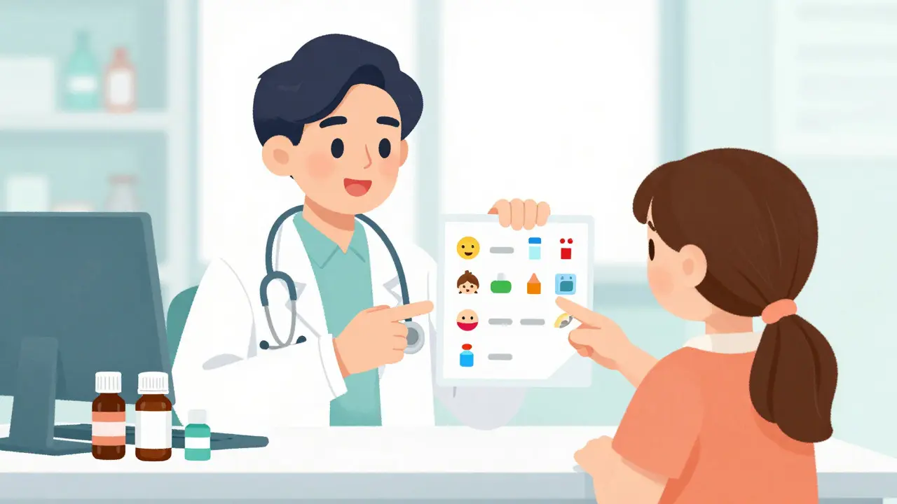 Pharmacist advising parent on safe pediatric medication alternatives