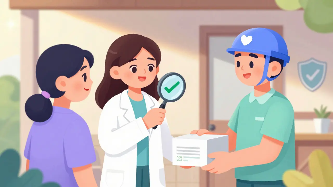 Pharmacist verifying a secure package for home delivery with a smiling patient.