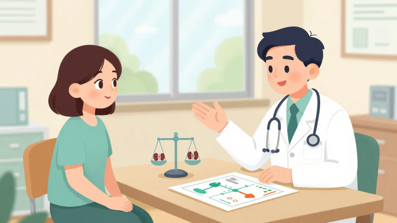 Storybook art of a patient and doctor discussing dialysis options in a bright room