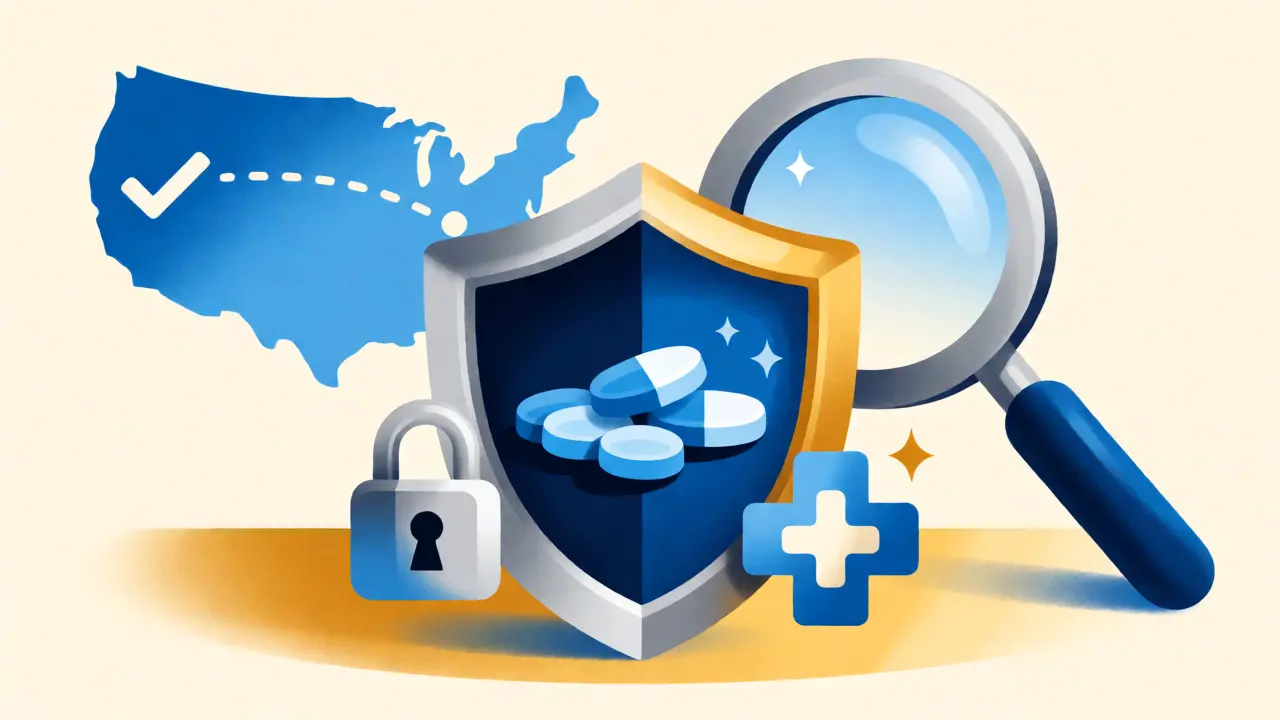 A shield protecting pills with a magnifying glass and a map connecting US and Canada.