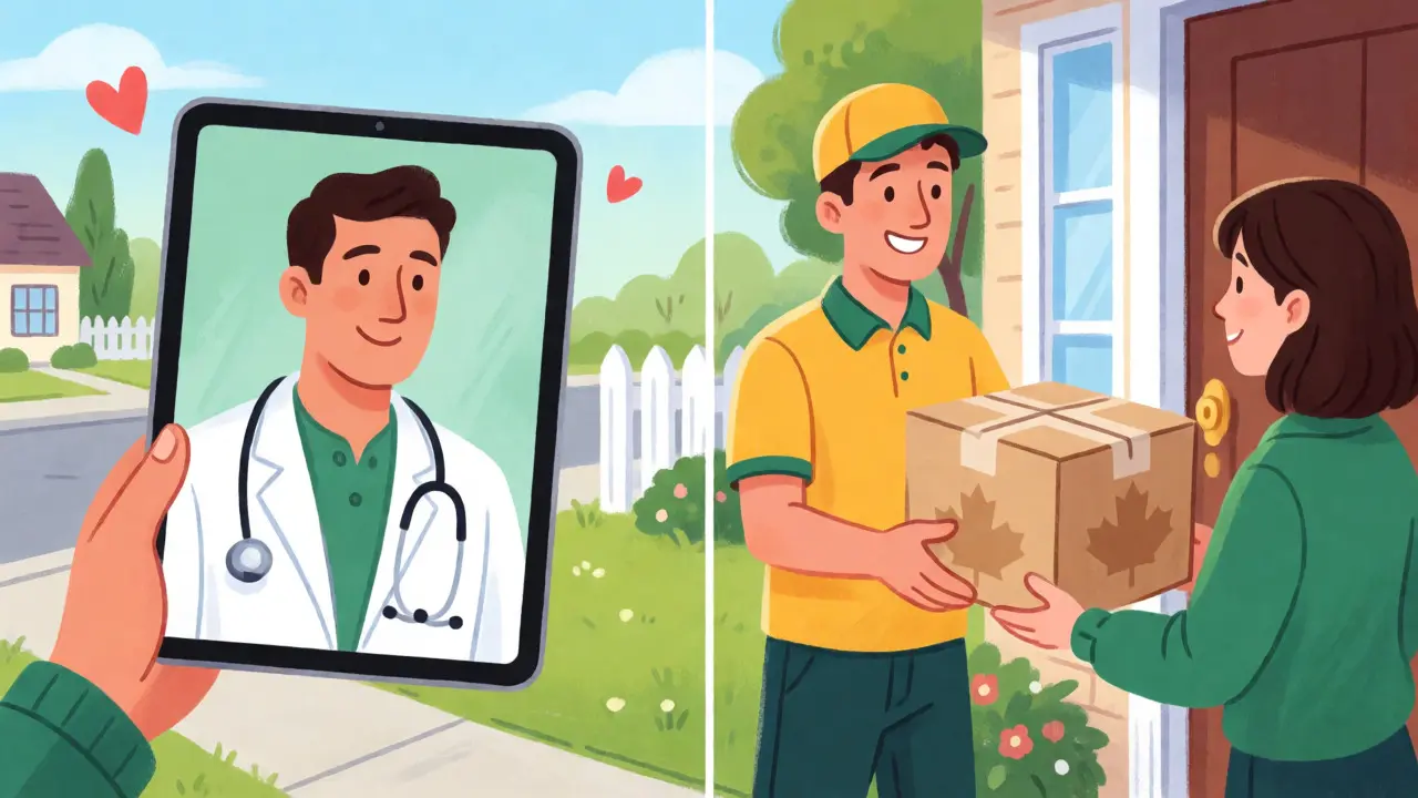 Doctor on a tablet screen and a delivery person handing over a package outside a house.