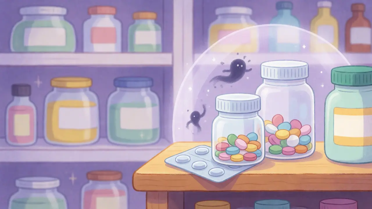Protected medicine bottles on a shelf shielded from environmental factors